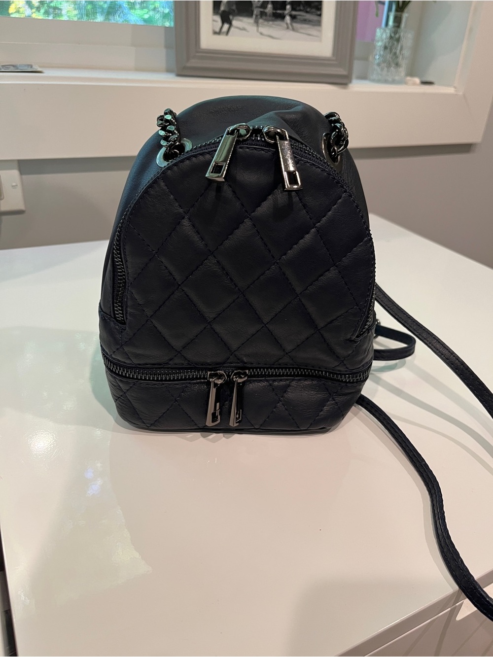 Italian Leather Quilted Mini Backpack - Navy